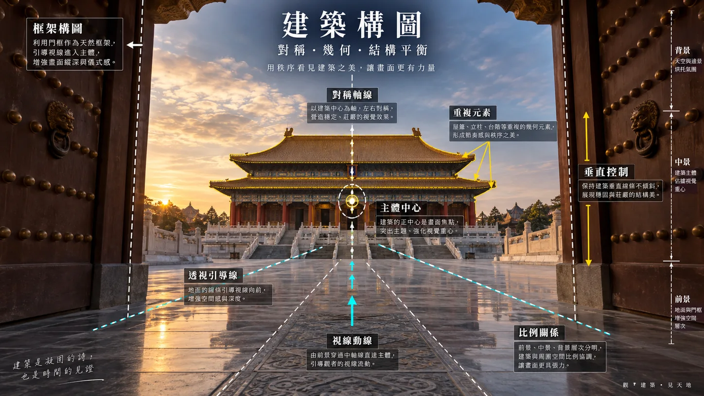 GPT による生成画像：朱塗りの大門から内側を望むと、中国風の宮殿の正殿が中軸線上に建ち、地面の線が主被写体へと導いている。中国語の注記で、フレーム、対称軸、反復する要素、垂直線のコントロール、遠近感を生むリーディングライン、比率の関係を説明している。