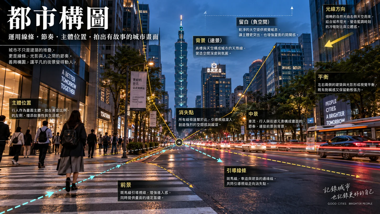 GPT による生成画像：夕暮れの都市の街路。横断歩道、車線、両側の建物の線が遠くの台北 101 へ向かって集まり、左側では歩行者が横断歩道を渡っている。画面内の看板や標語はすべて生成されたもの。中国語の注記で、主被写体の位置、消失点、リーディングライン、前景、中景、背景を説明している。