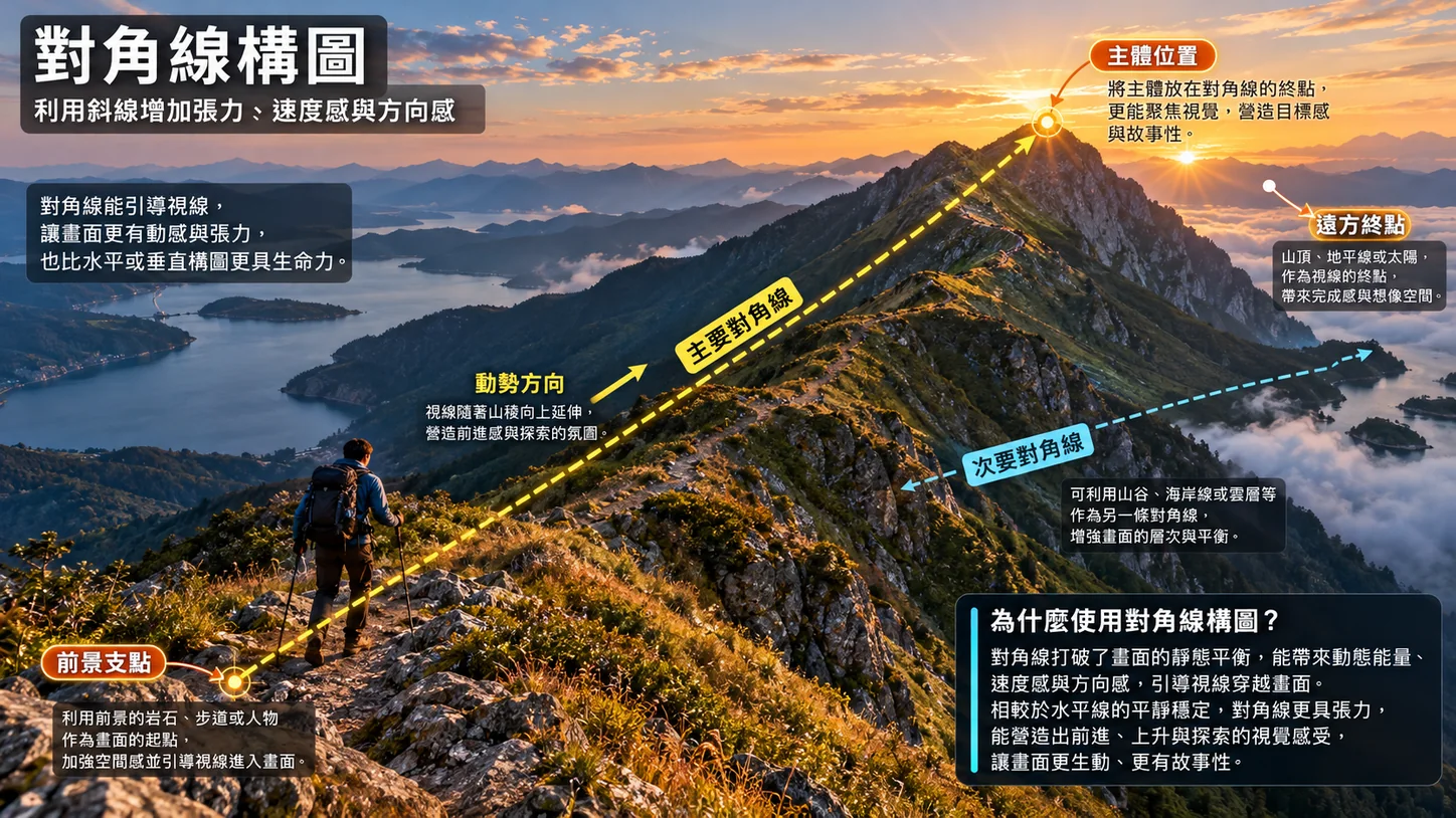 GPT による生成画像：尾根の登山道に登山者が立ち、黄色の破線が稜線に沿って左下から右上の日の当たる山頂へ延び、もう 1 本の青い破線が副次的な対角線を示している。中国語の注記で、前景の支点、動きの方向、遠くの終点を説明している。