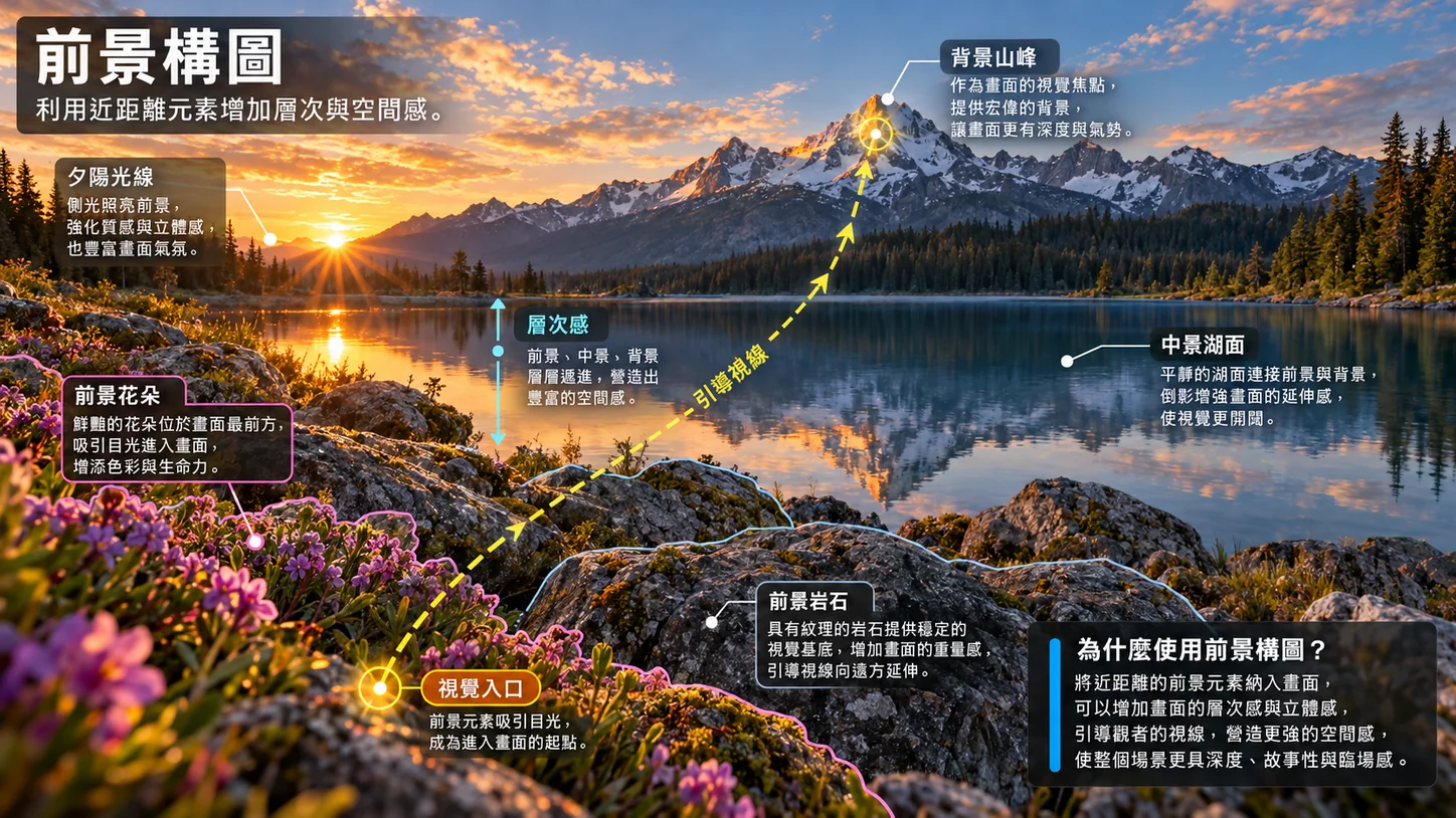 GPT による生成画像：前景に紫色の花の茂みと苔むした岩、中景に穏やかな湖面、背景に夕日を浴びた雪山。黄色の破線が花の茂みの中の視覚的な入り口から山頂へ導き、中国語の注記で前景・中景・背景の層を説明している。