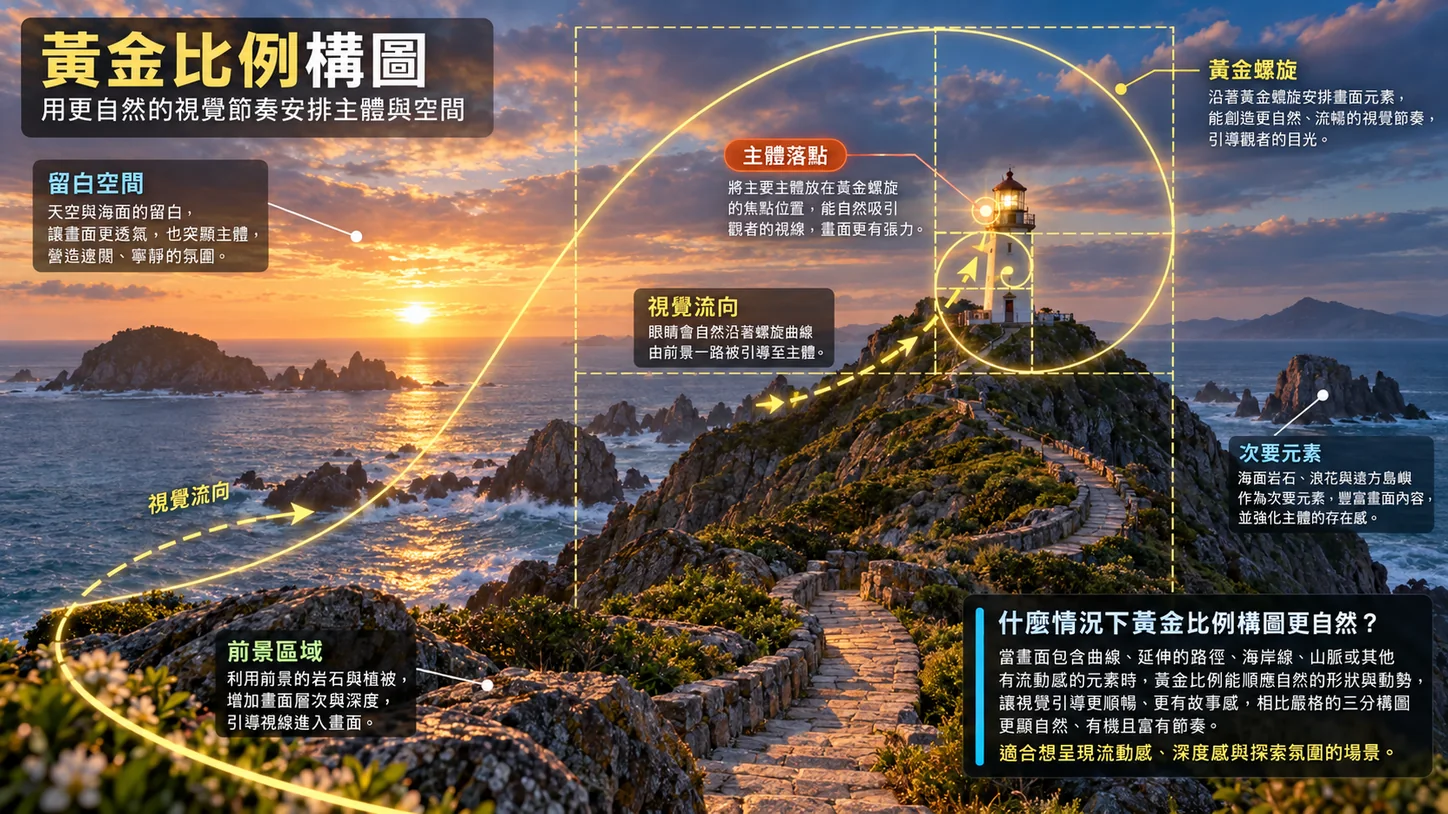 GPT による生成画像：岬に立つ灯台と石段の遊歩道。黄金螺旋が左下の前景から灯台へ向かって巻いている。中国語の注記で、主被写体の配置、視線の流れ、余白、前景の領域、副次的な要素を説明している。