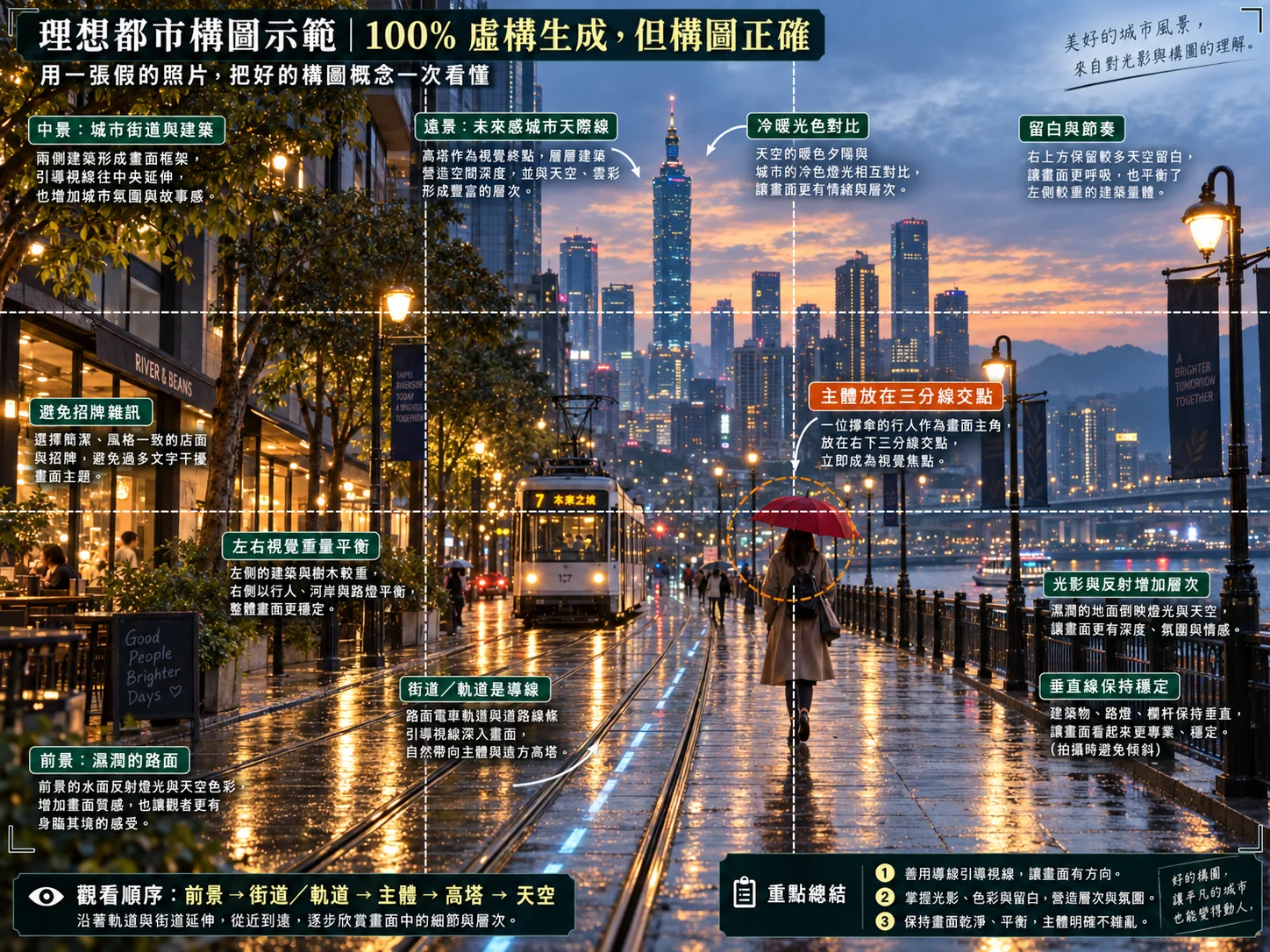 筆者提供の GPT 生成画像（画像内に「100% 虚構生成」と表記）：雨上がりの川沿いの街路。路面電車が軌道に沿ってこちらへ向かい、赤い傘をさした歩行者が濡れて光る遊歩道を歩き、遠くには台北 101 と都市のスカイラインがある。中国語の注記で、見る順番、軌道のリーディングライン、反射、暖色と寒色の光の対比を説明している。