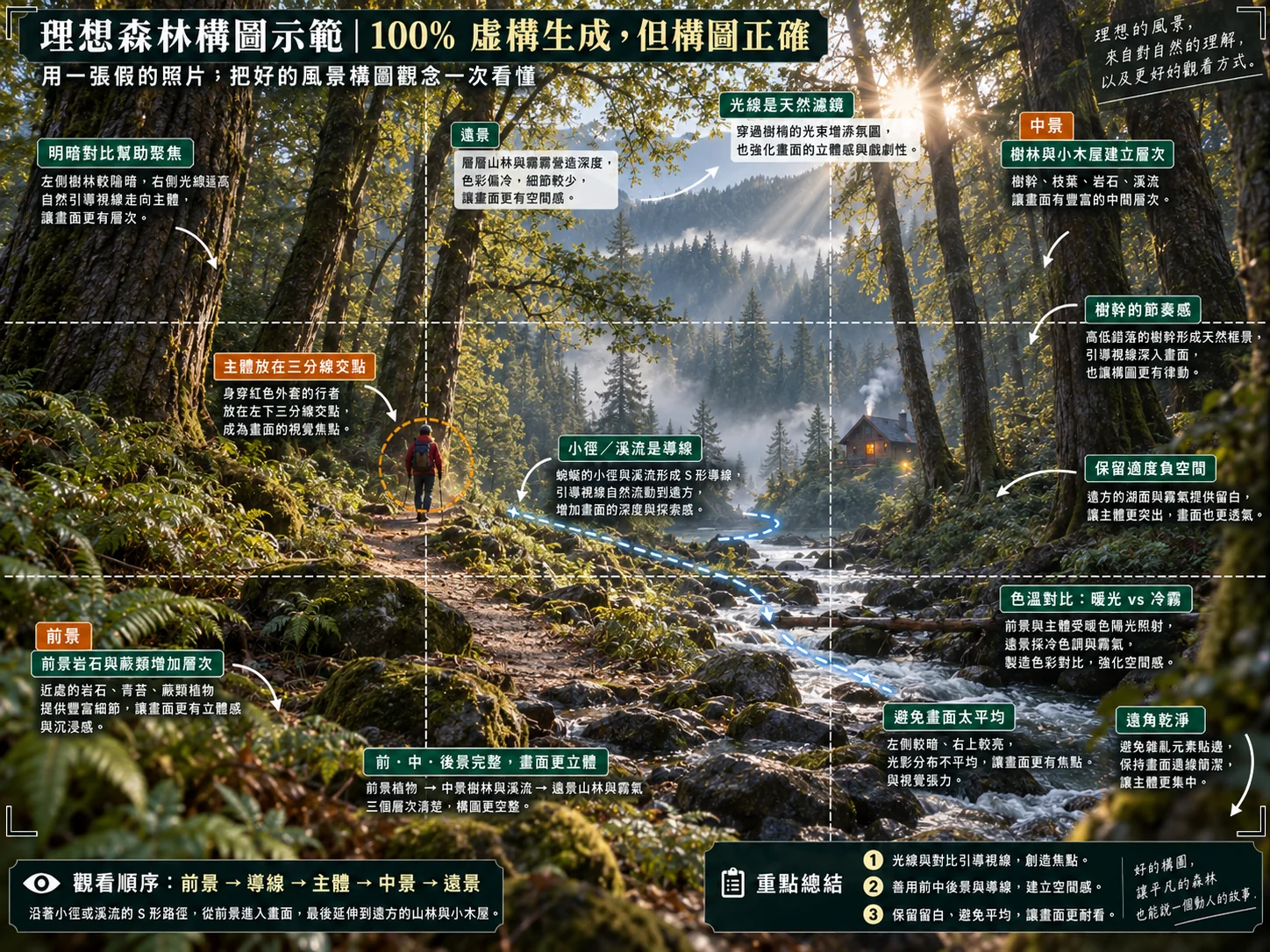 筆者提供の GPT 生成画像（画像内に「100% 虚構生成」と表記）：森の小道と渓流が霧の中の小さな木の小屋へと続き、赤い上着のハイカーが左側の三分割線上に立ち、梢から光芒が差し込んでいる。中国語の注記で、見る順番、明暗の対比、幹のリズムを説明している。