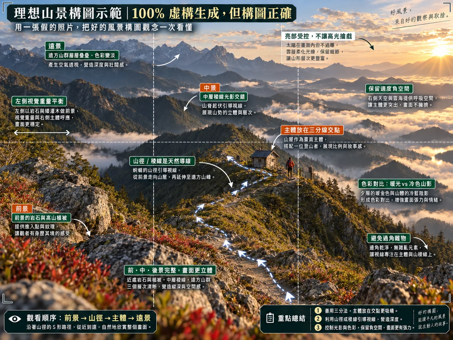 筆者提供の GPT 生成画像（画像内に「100% 虚構生成」と表記）：高山の稜線に建つ山小屋と 1 人の登山者。砂利の登山道が前景から曲がりくねって上り、遠くには雲海と山々が広がる。中国語の注記で、見る順番（前景、登山道、主被写体、遠景）、三分割線の交点、明部のコントロールを説明している。
