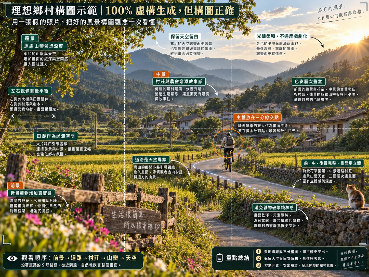 筆者提供の GPT 生成画像（画像内に「100% 虚構生成」と表記）：自転車に乗った旅人が曲がりくねった小道を村へ向かって走り、両側には田んぼと木の柵、遠くには山並みと夕日がある。中国語の注記で、見る順番、道のリーディングライン、層の重なり、色彩を説明している。