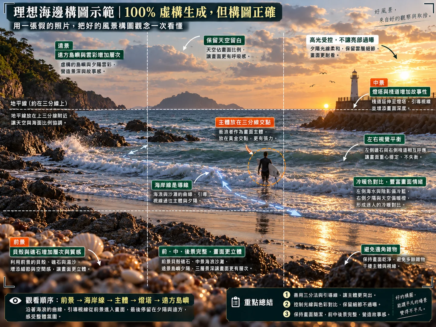 筆者提供の GPT 生成画像（画像内に「100% 虚構生成」と表記）：夕日の浜辺。サーフボードを抱えたサーファーが波打ち際を歩き、右側の突堤の先には灯台があり、前景には貝殻と岩礁がある。中国語の注記で、見る順番、水平線、海岸線のリーディングライン、暖色と寒色の対比を説明している。