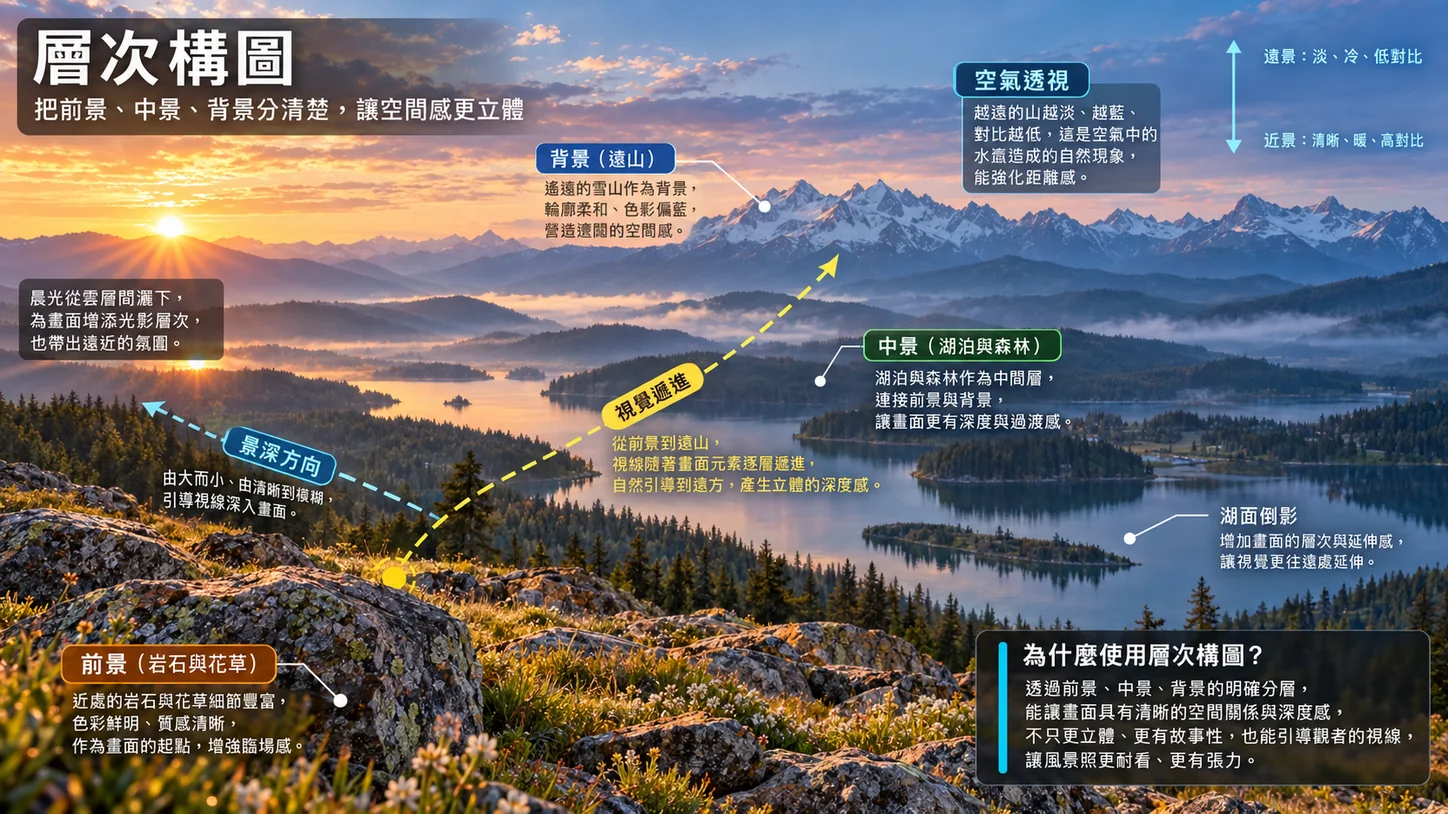 GPT による生成画像：草花に覆われた高い岩の上から、湖、森、幾重にも重なる遠くの山々を見下ろす。中国語の注記で前景・中景・背景をそれぞれ示し、破線で視線が段階的に奥へ進む流れと奥行きの方向を説明している。