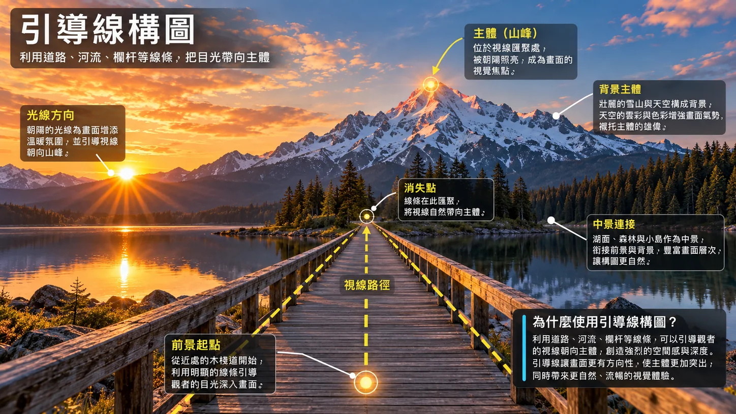 GPT による生成画像：木道が画面の下端から湖に浮かぶ小島へまっすぐ延び、手すりと木道の線が消失点に集まっている。遠くには朝日に照らされた雪山。中国語の注記で、前景の起点、視線の経路、消失点、中景のつながり、背景の主被写体を説明している。