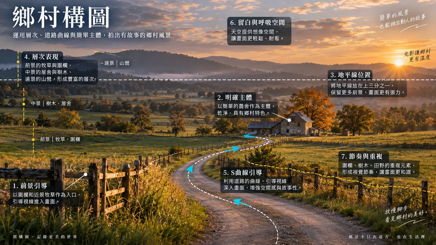 GPT による生成画像：夕日に照らされた田園。曲がりくねった土の道が木の柵に沿って農家まで延び、遠くには山並みがある。画像内では 1 から 7 の番号で、前景による誘導、主被写体、地平線の位置、層の重なり、S 字曲線、余白、反復する要素を示している。
