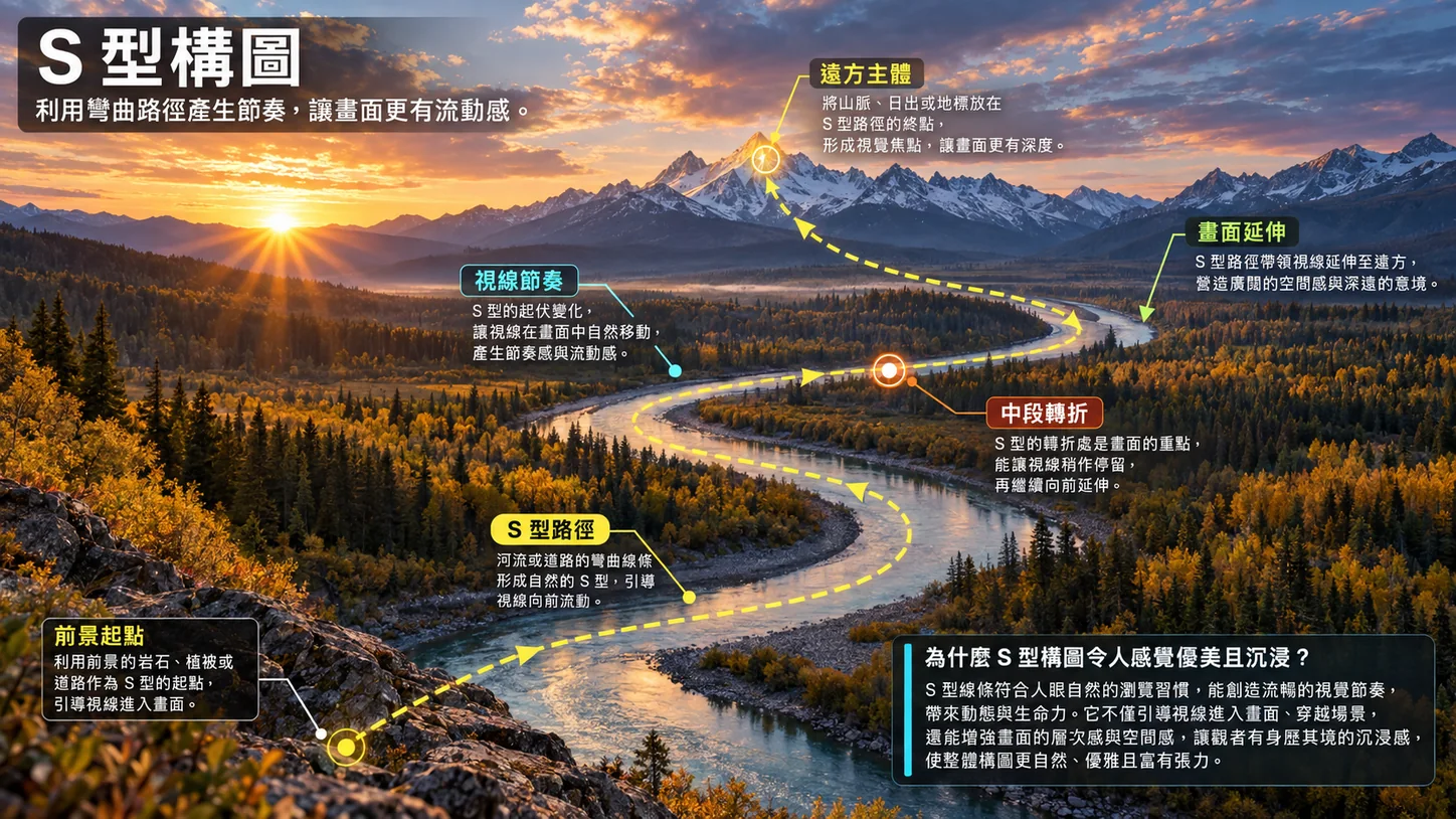 GPT による生成画像：川が前景の岩の斜面から S 字を描いて紅葉の森の中を蛇行し、夕日に照らされた遠くの雪山へと延びている。黄色の破線が川筋に沿って、S 字の経路、中ほどの曲がり目、遠くの主被写体を示している。