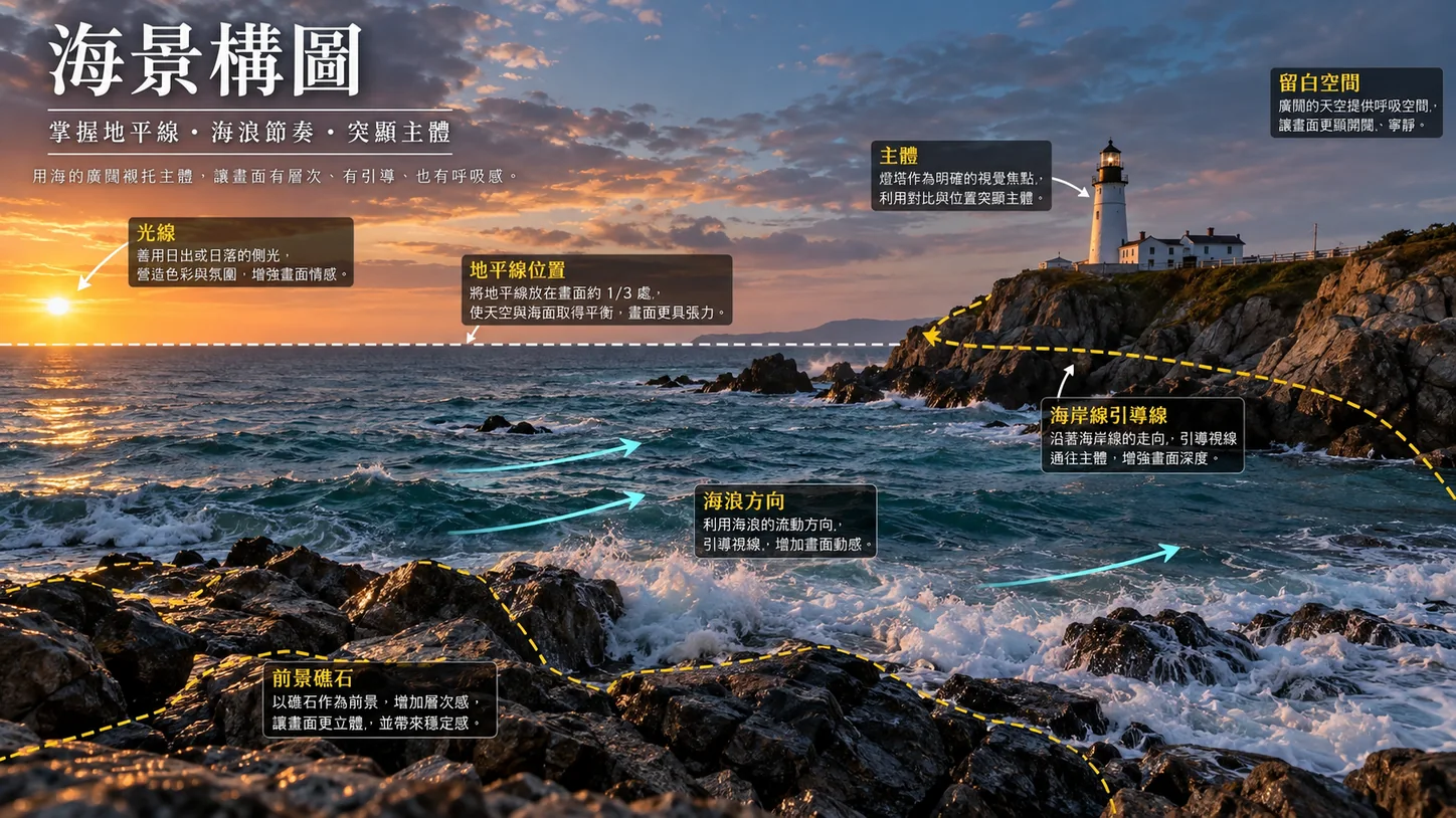 GPT による生成画像：夕日の海岸。右側の崖の上に白い灯台が立ち、前景には濡れて光る岩礁があり、波しぶきが岸へ押し寄せている。中国語の注記で、水平線の位置、主被写体の灯台、海岸線のリーディングライン、波の向き、前景の岩礁、余白を説明している。