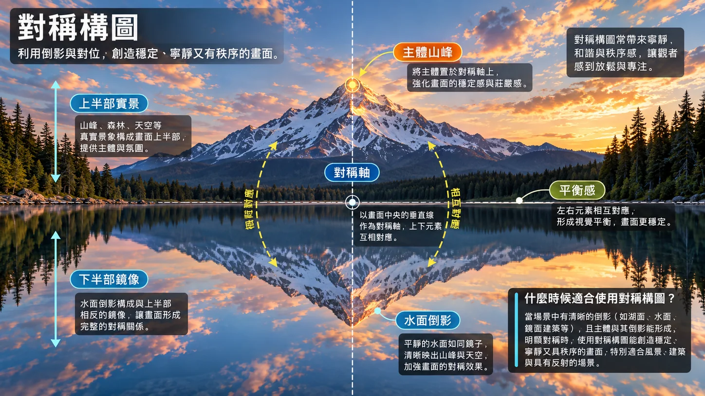 GPT による生成画像：雪山と森が穏やかな湖面にそっくり映り込み、上下がほぼ鏡像になっている。画面中央に垂直の破線が引かれ、中国語の注記で、主被写体の山頂、上半分の実景、下半分の鏡像、水面の映り込みを説明している。