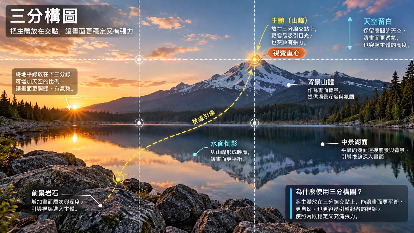 GPT による生成画像：日没時の雪山と湖の風景。三分割線で山頂を右上の交点に、地平線を下の三分割線に置き、黄色の破線が前景の岩から湖面の映り込みを経て山頂へ導いている。中国語の注記で、主被写体、空の余白、背景の山、中景の湖面、前景の岩を説明している。