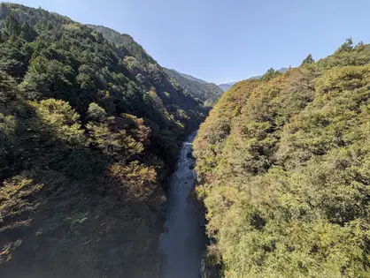 高い位置から見下ろした狭い谷。谷壁が下へ向かって収束し、底に川がある。