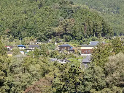 斜面に点在する家々と前景の枝葉。