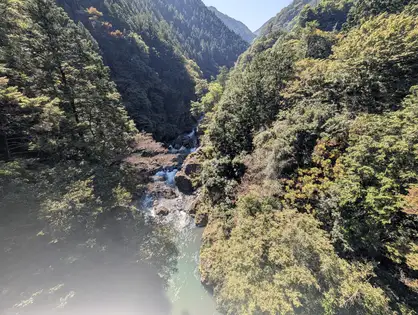 強い逆光の川の谷。手前が白くかすみ、ハイライトがある。